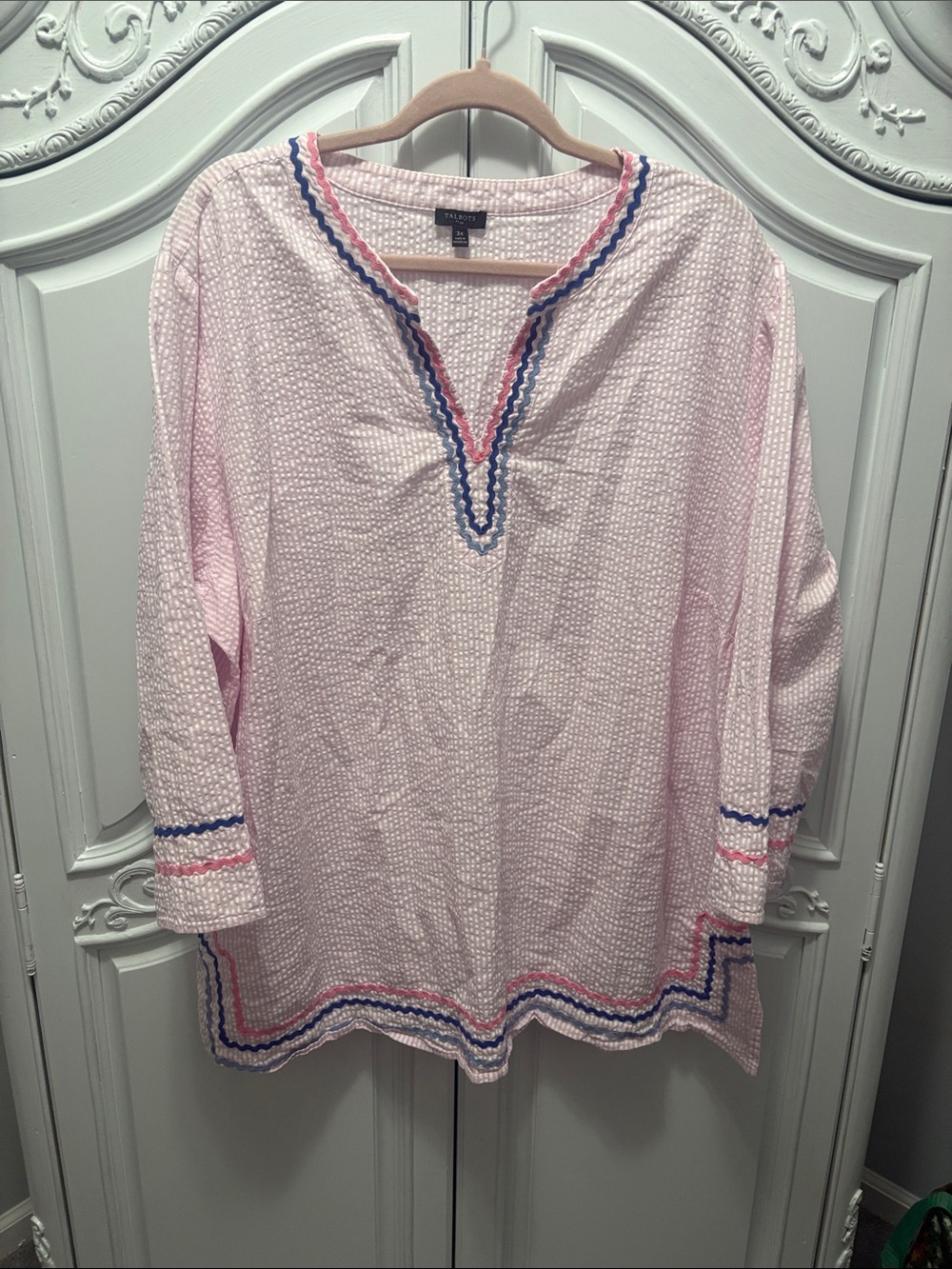 Talbots Pink Seersucker Tunic with Blue and Coral Trim- 3X